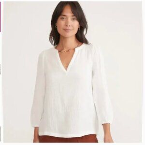 MARINE LAYER Jamie Banded Collar Top White Cotton Gauze - Size XS
